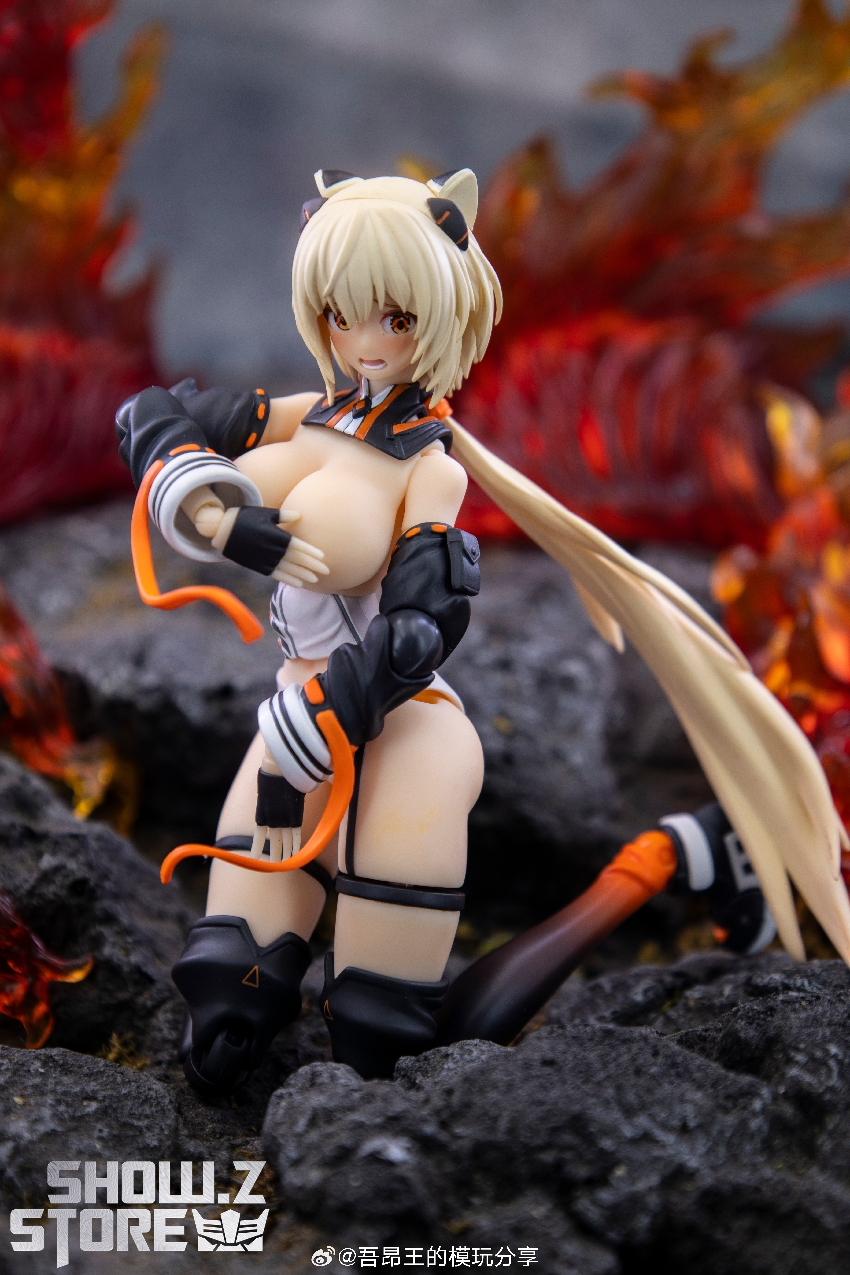 Close-up of Saori figure showing detailed armor and dress design in flame setting Close-up of Saori figure showing detailed armor and dress design in flame setting