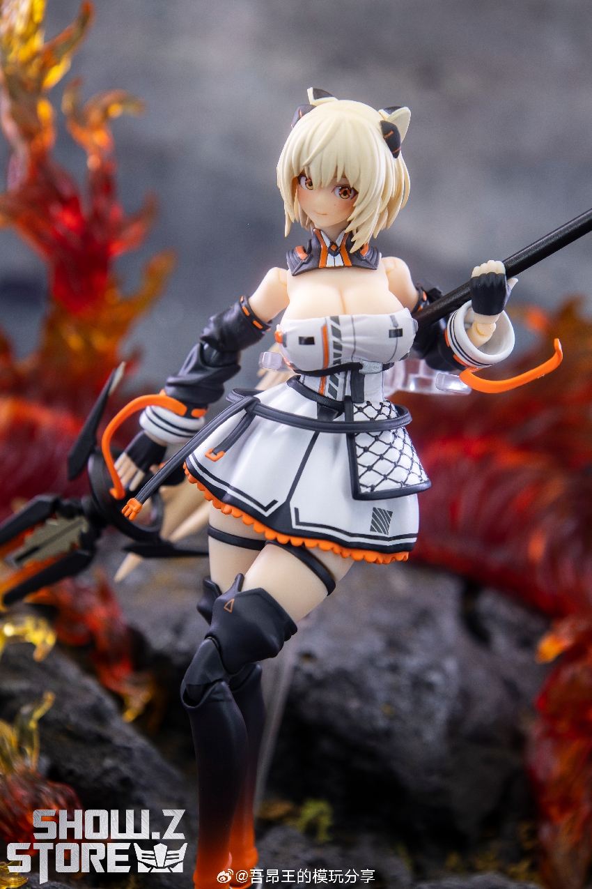 Posed anime character in detailed white and black dress with weapons in flaming environment Posed anime character in detailed white and black dress with weapons in flaming environment