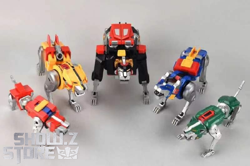 Five multi-colored animal transformers in vehicle and beast modes displayed Five multi-colored animal transformers in vehicle and beast modes displayed