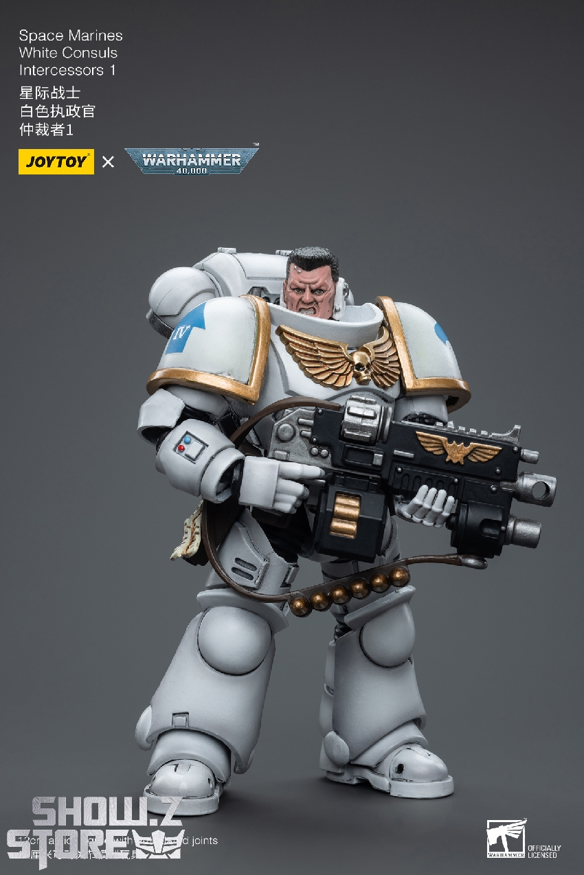 White Scars soldier in combat-ready pose with weapon accessories visible White Scars soldier in combat-ready pose with weapon accessories visible