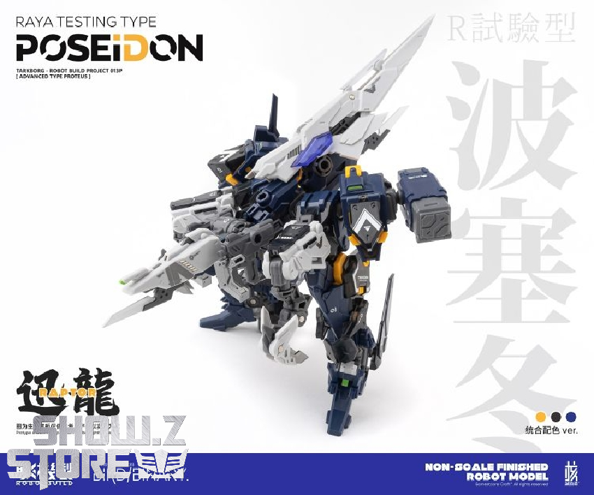 Navy and gold Poseidon robot in dynamic action pose with extended weapon arms and accessories Navy and gold Poseidon robot in dynamic action pose with extended weapon arms and accessories