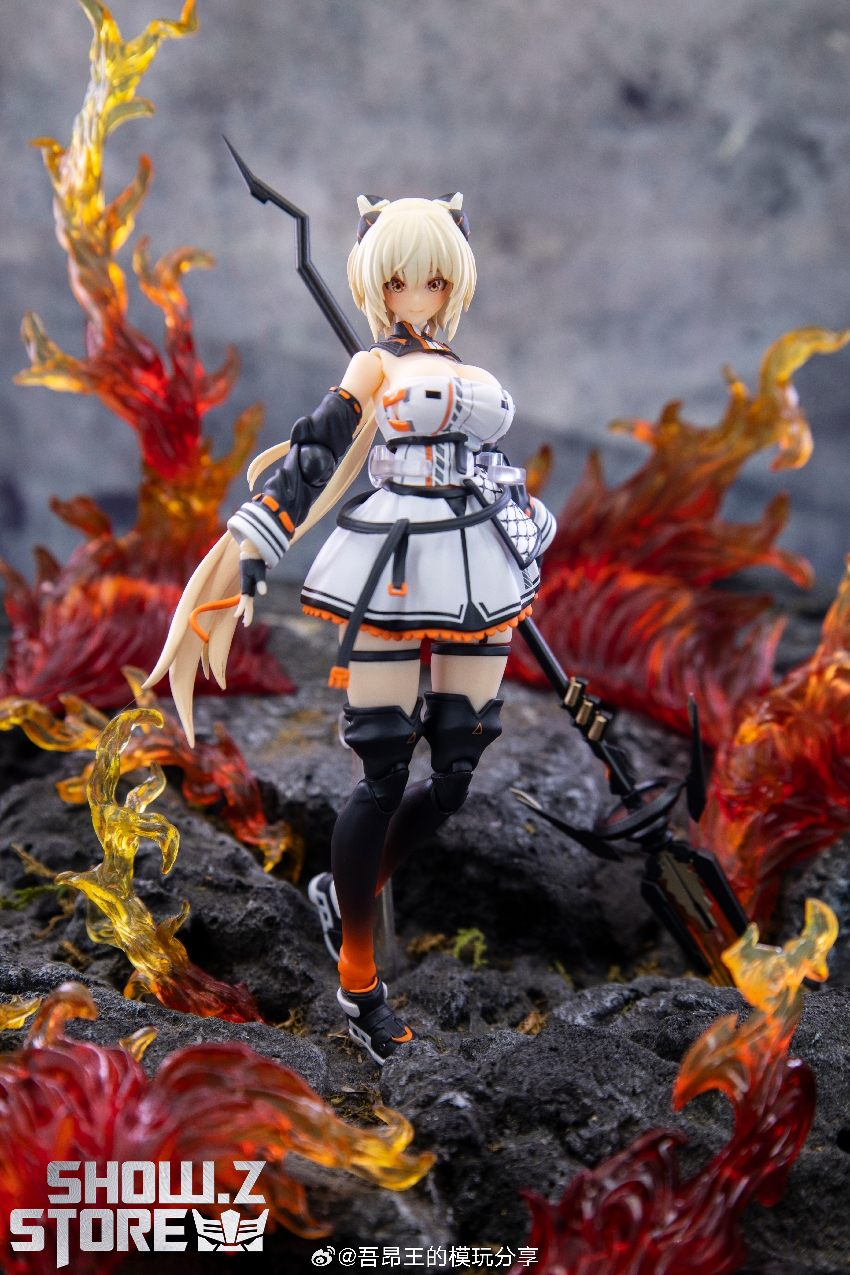 Saori figure displayed in dynamic action stance surrounded by decorative flames Saori figure displayed in dynamic action stance surrounded by decorative flames