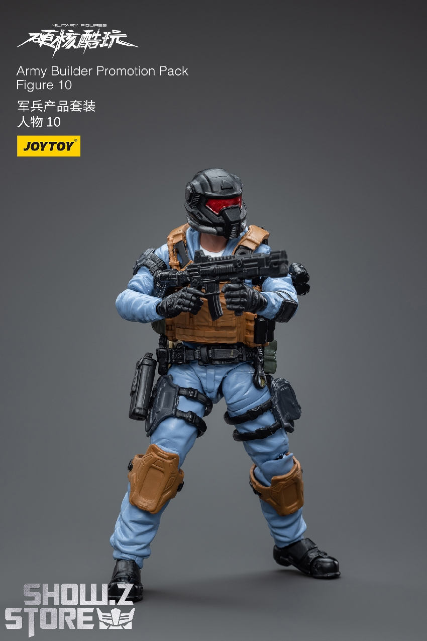 JoyToy 1/18 Army Builder figure with blue armor and brown tactical gear components JoyToy 1/18 Army Builder figure with blue armor and brown tactical gear components