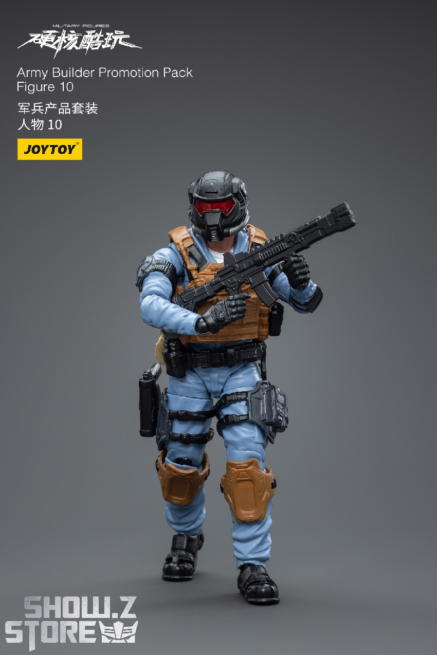Fully equipped soldier figure with blue torso armor and brown gear configuration visible Fully equipped soldier figure with blue torso armor and brown gear configuration visible