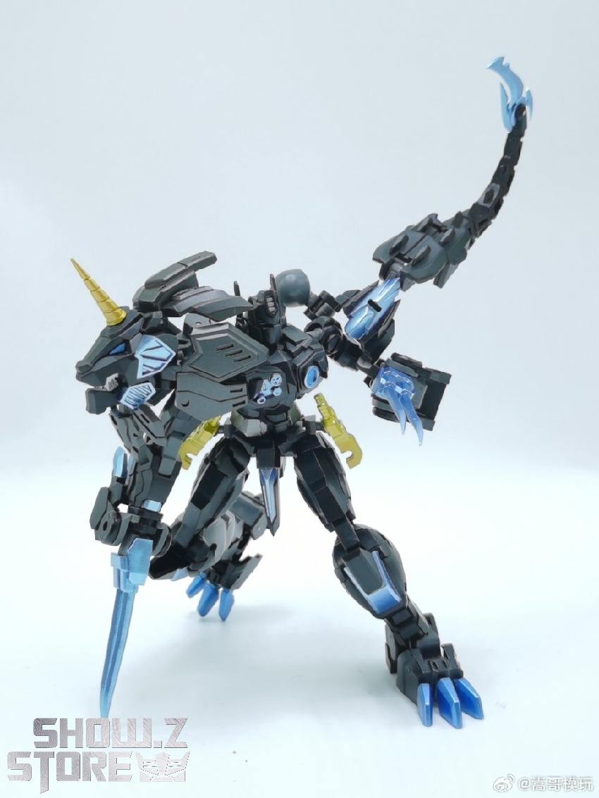 Black lion robot commander in standing pose with blue details and articulated limbs ready Black lion robot commander in standing pose with blue details and articulated limbs ready