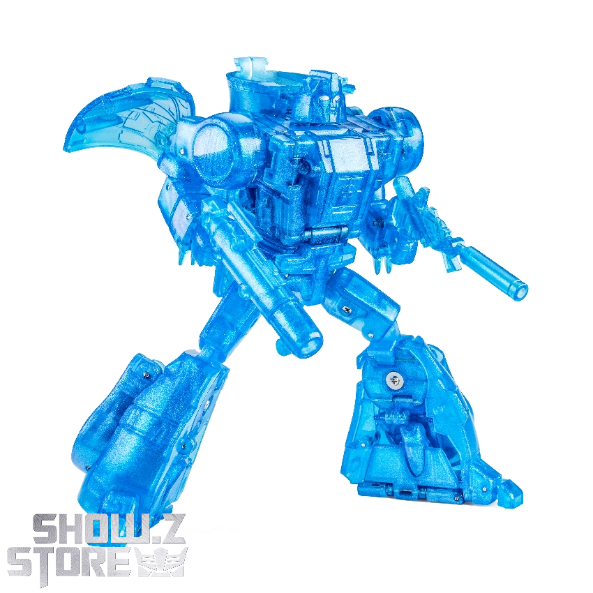 Fully transformed robot warrior with mechanical details in bright blue translucent plastic Fully transformed robot warrior with mechanical details in bright blue translucent plastic