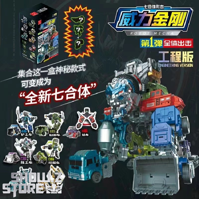 Multi-piece devastator mecha engineering set showing advanced assembly configuration Multi-piece devastator mecha engineering set showing advanced assembly configuration