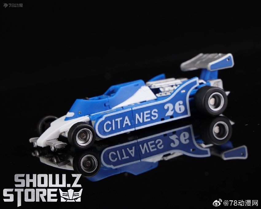Detailed blue race car showing undercarriage and suspension components Detailed blue race car showing undercarriage and suspension components