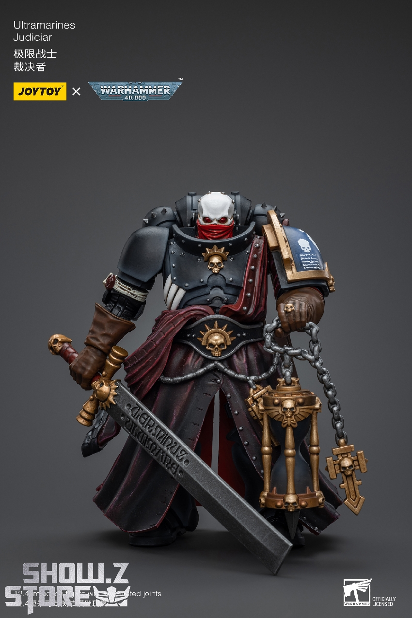 Armored judge warrior in combat-ready pose with signature weapons Armored judge warrior in combat-ready pose with signature weapons