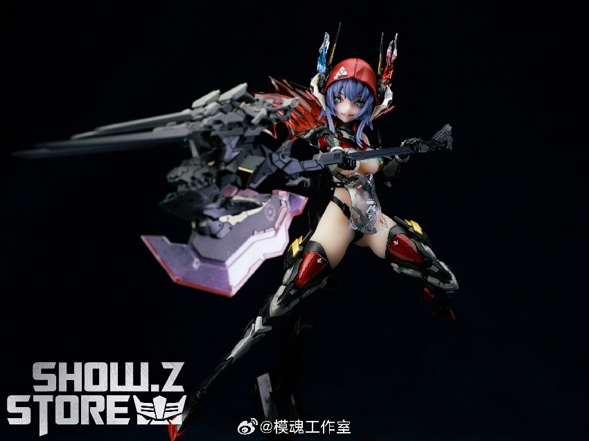Mechanical girl figure with blue hair red armor and complex cybernetic components Mechanical girl figure with blue hair red armor and complex cybernetic components