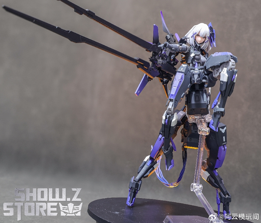 Purple and white articulate anime character with blue energy weapons in action pose Purple and white articulate anime character with blue energy weapons in action pose