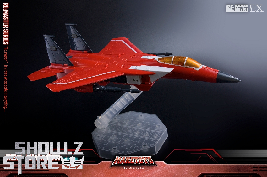 MakeToys RM-EX06 Red Swarm red fighter jet aircraft with landing gear deployed on display base MakeToys RM-EX06 Red Swarm red fighter jet aircraft with landing gear deployed on display base