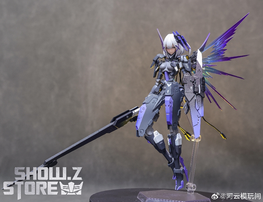 Purple white and blue anime girl figure with multiple articulation points displayed Purple white and blue anime girl figure with multiple articulation points displayed