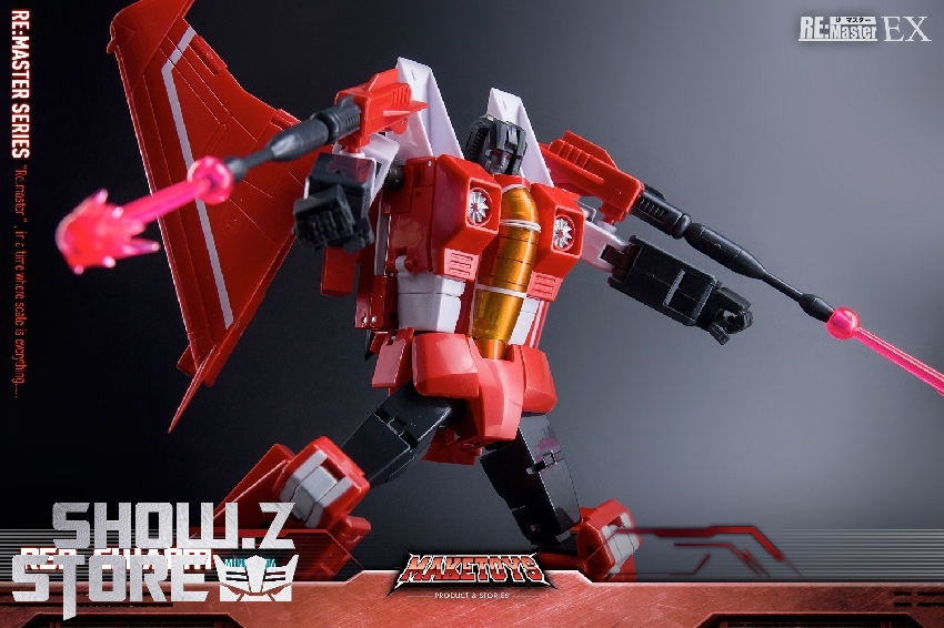 Red Swarm robot mode showing transformation with extended wings and pink energy weapon effects Red Swarm robot mode showing transformation with extended wings and pink energy weapon effects