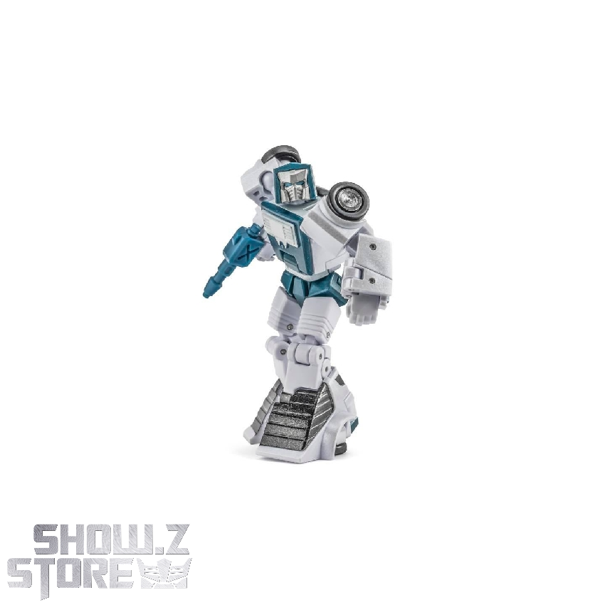 Gray and teal colored robot in robot mode with full articulation standing Gray and teal colored robot in robot mode with full articulation standing