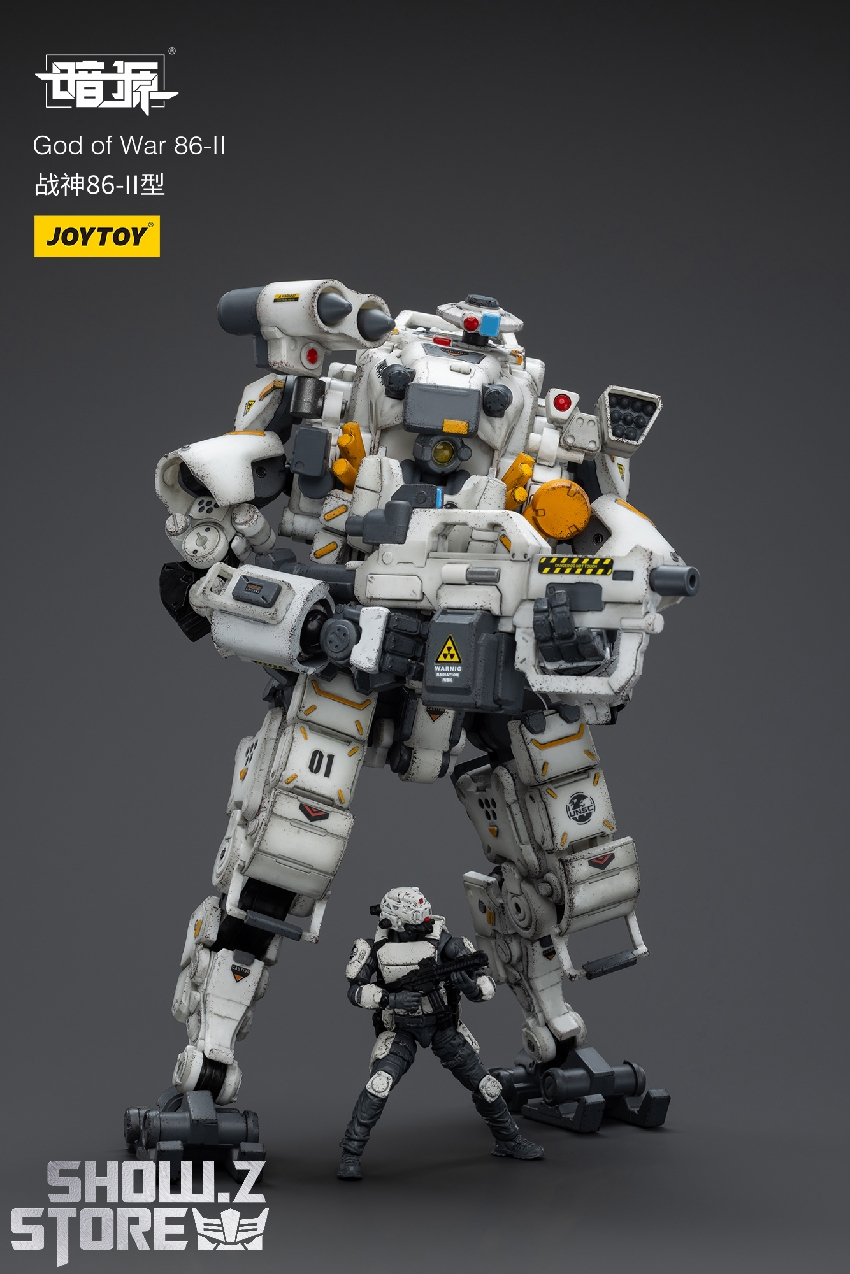 White assault mecha with extended weapon systems showing mechanical detail White assault mecha with extended weapon systems showing mechanical detail
