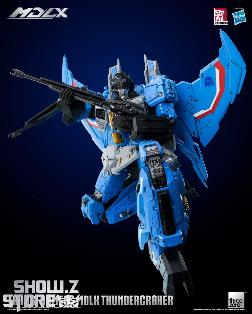 Thundercracker jet form robot with metallic blue and gold color detailing Thundercracker jet form robot with metallic blue and gold color detailing