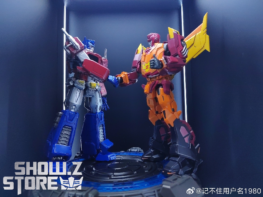 Rodimus Prime MDLX dynamic pose lower camera angle view Rodimus Prime MDLX dynamic pose lower camera angle view