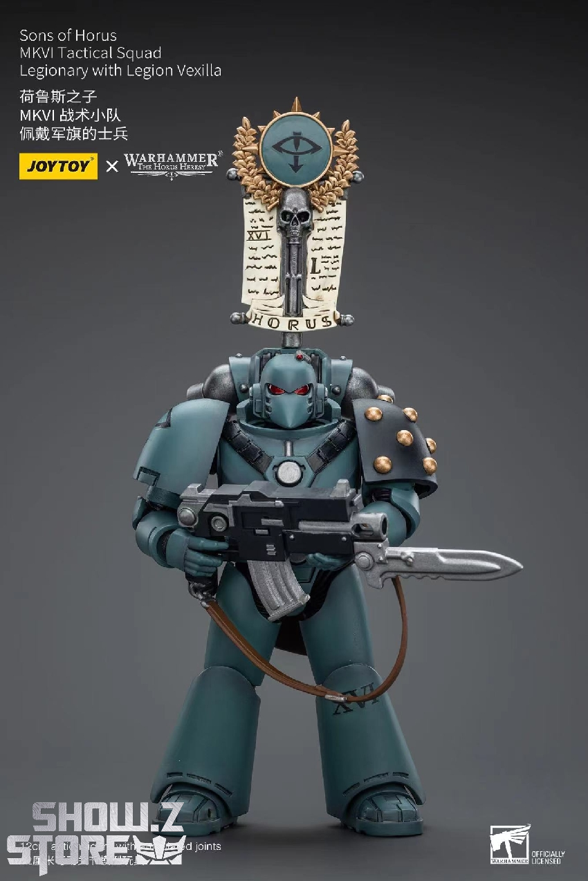 Teal armored Sons of Horus Horus Heresy warrior with sword and plasma pistol Teal armored Sons of Horus Horus Heresy warrior with sword and plasma pistol
