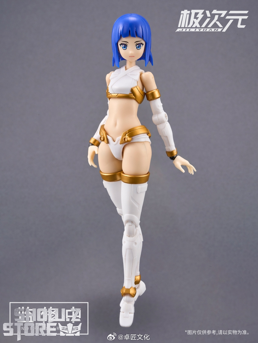Blue-haired female character gold white armor pose display Blue-haired female character gold white armor pose display