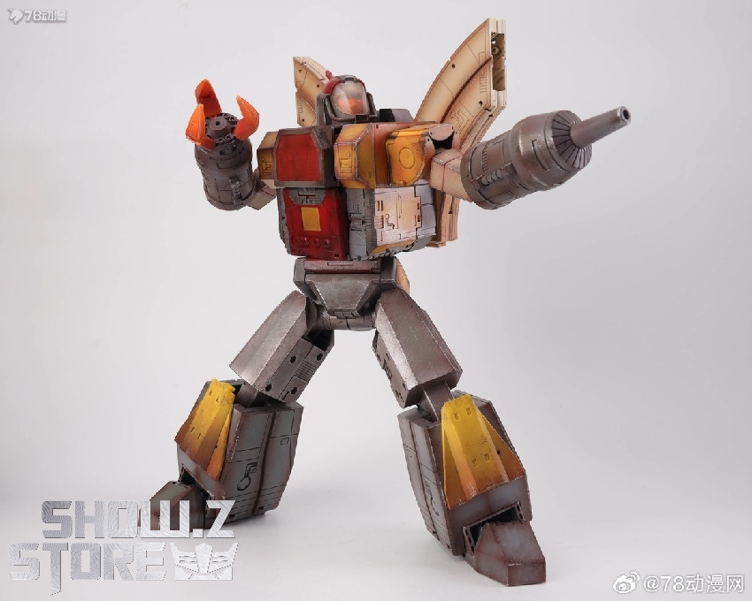 Rust-effect humanoid robot in dynamic pose with brown armor and orange accent colors Rust-effect humanoid robot in dynamic pose with brown armor and orange accent colors