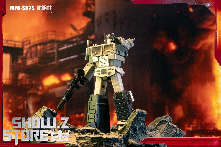 MPH Studio Optimus Prime robot standing with red flames background effect MPH Studio Optimus Prime robot standing with red flames background effect