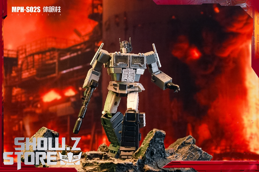 MPH Studio Optimus Prime robot posing with fiery background and logo MPH Studio Optimus Prime robot posing with fiery background and logo