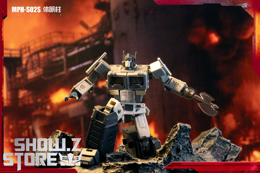 MPH Studio Optimus Prime robot with energon cube in fire scene MPH Studio Optimus Prime robot with energon cube in fire scene