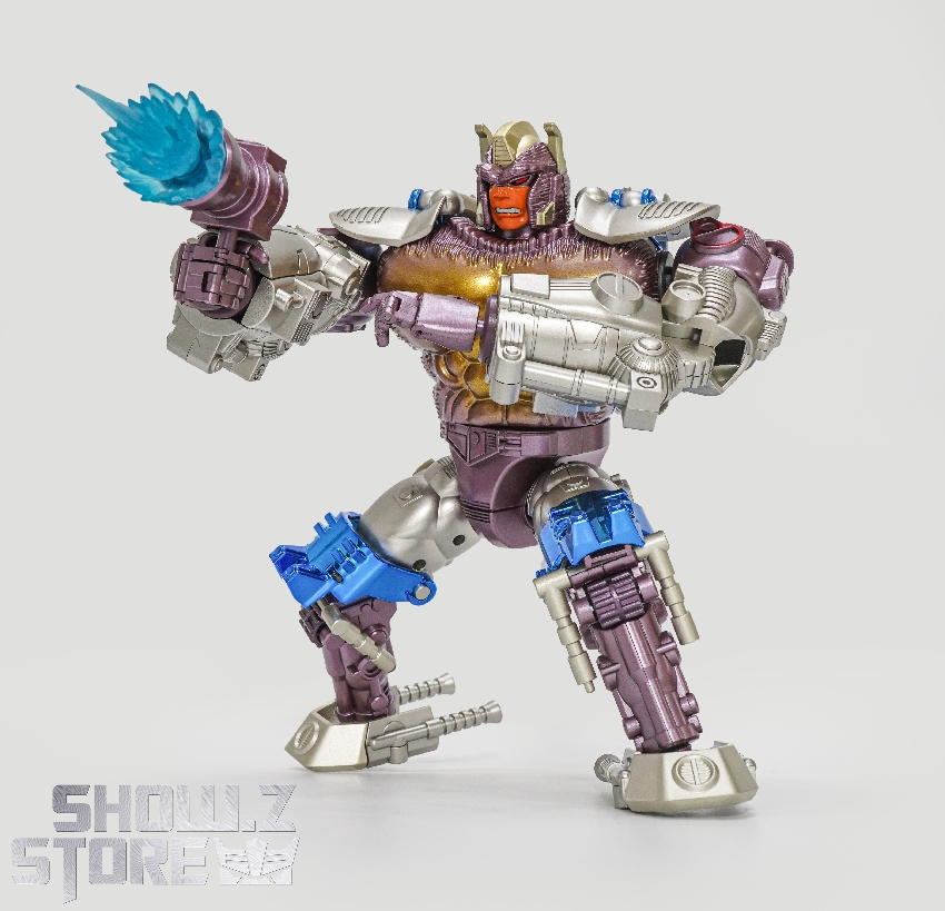 Tan and purple gorilla robot in stance with energy effect Tan and purple gorilla robot in stance with energy effect