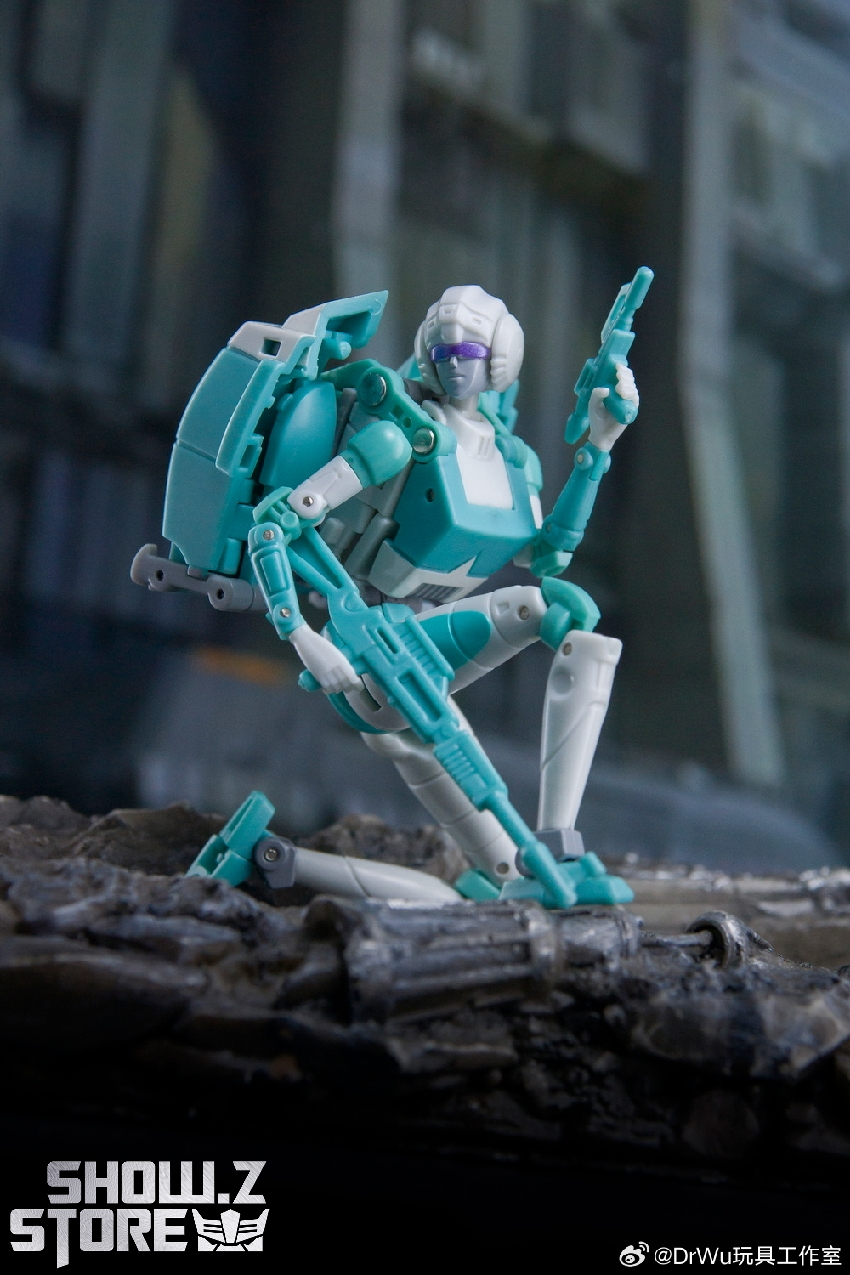 Minerva cyan robot figure dynamic pose on rocky terrain Minerva cyan robot figure dynamic pose on rocky terrain