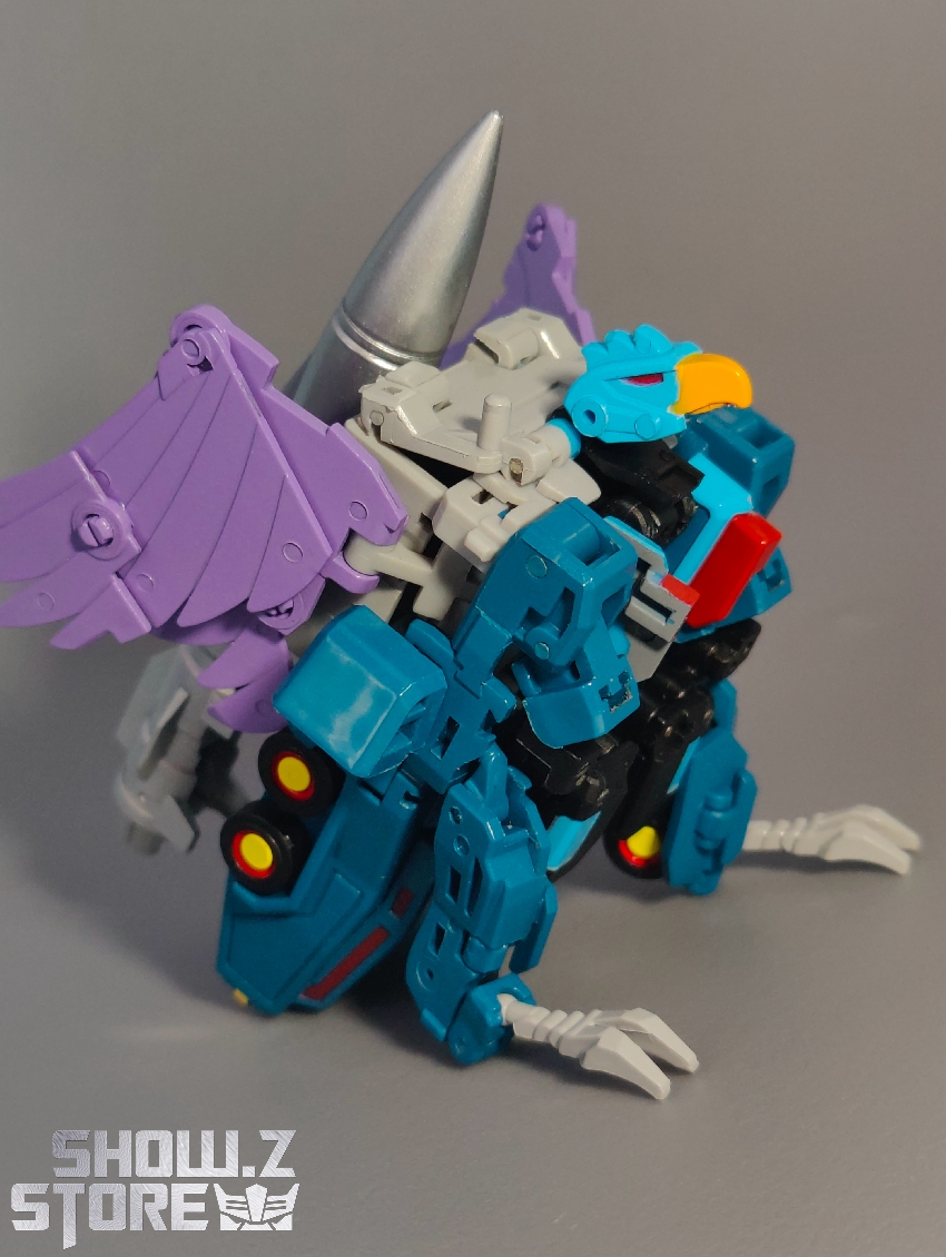 Multiple transformation poses showing purple and teal color variants Multiple transformation poses showing purple and teal color variants