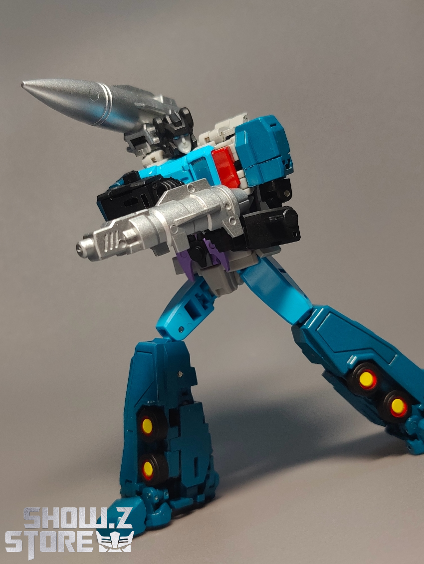 Dynamic standing pose with cannon and colorful accent details visible Dynamic standing pose with cannon and colorful accent details visible