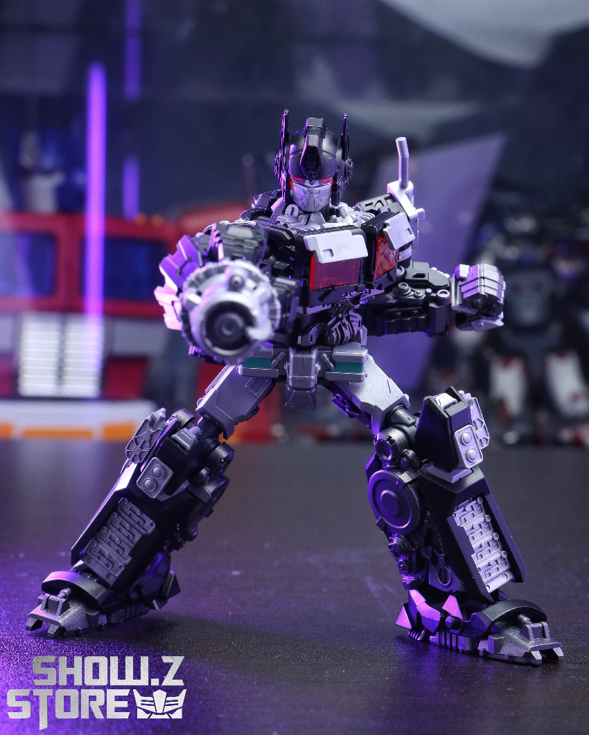Purple-themed Transformers figure with extended arms and weapons Purple-themed Transformers figure with extended arms and weapons