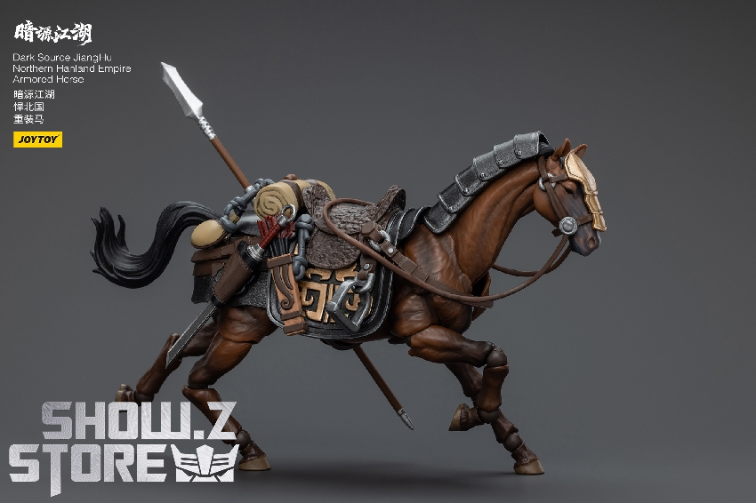 Brown and white mounted warrior figure on detailed horse with spear cavalry pose Brown and white mounted warrior figure on detailed horse with spear cavalry pose