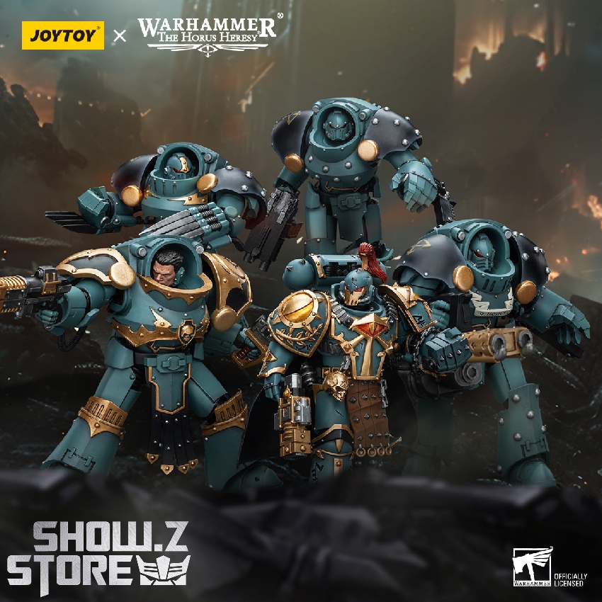 JoyToy Warhammer Sons of Horus armored figure in dramatic atmospheric battle setting JoyToy Warhammer Sons of Horus armored figure in dramatic atmospheric battle setting