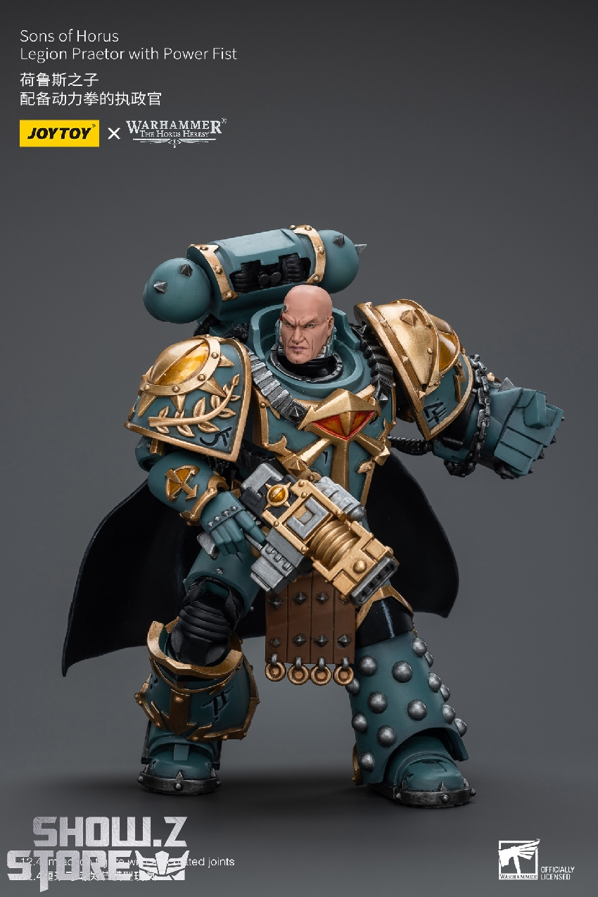 Ornate gold and blue armored warrior with heavy shoulder armor and weapons Ornate gold and blue armored warrior with heavy shoulder armor and weapons