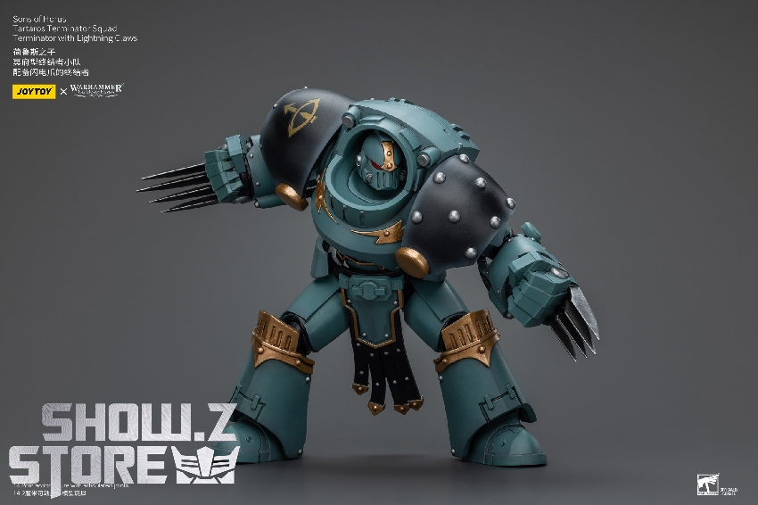 Horus Heresy elite soldier in combat-ready stance with teal gold armor Horus Heresy elite soldier in combat-ready stance with teal gold armor