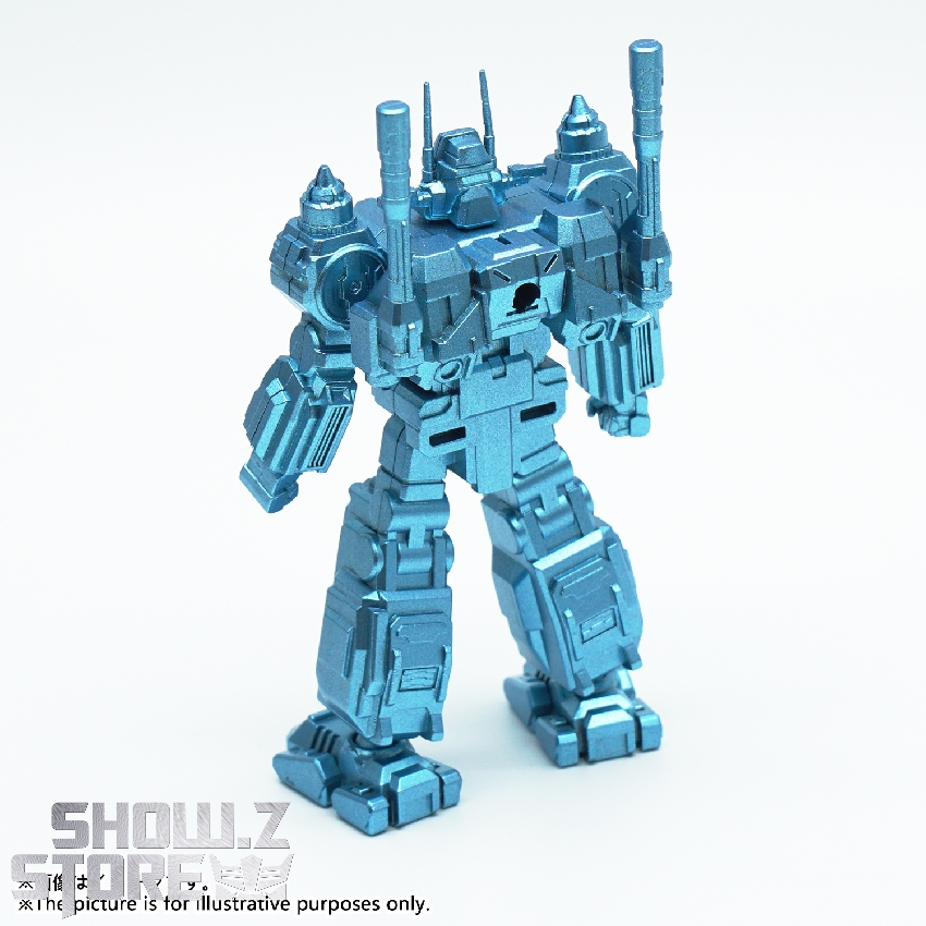 Light cyan blue mini robot figure with raised arm detail Light cyan blue mini robot figure with raised arm detail