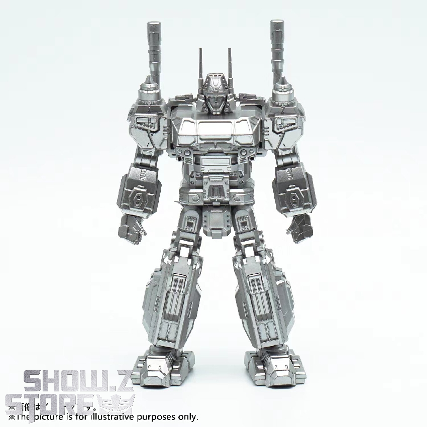 Detailed side view of silver robot keychain with mechanical weapon Detailed side view of silver robot keychain with mechanical weapon