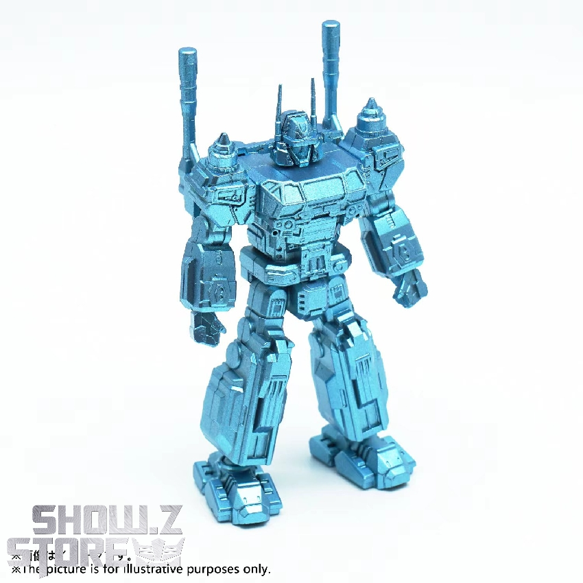 Blue compact robot standing upright with antenna structures displayed Blue compact robot standing upright with antenna structures displayed