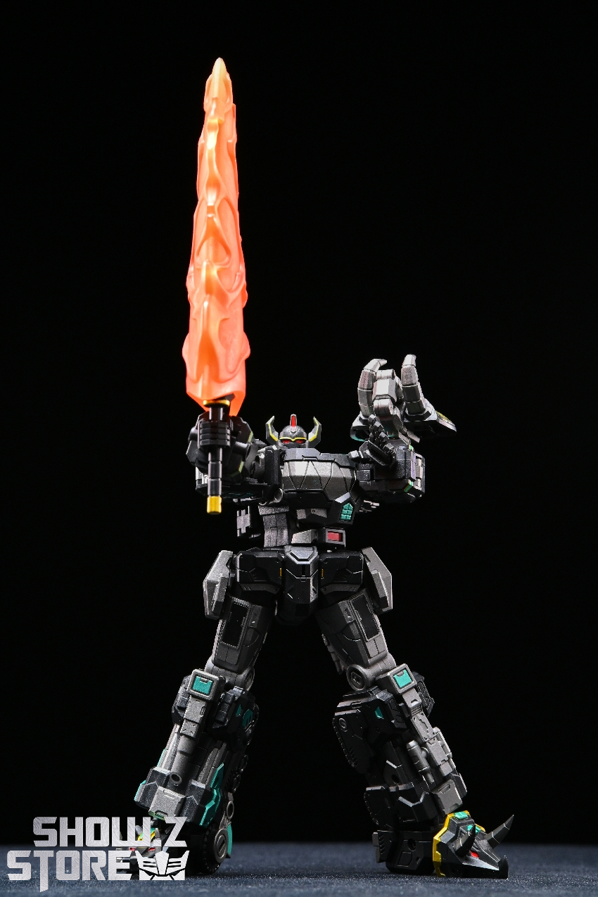 Black robot with orange flame effect and weapon attachment Black robot with orange flame effect and weapon attachment