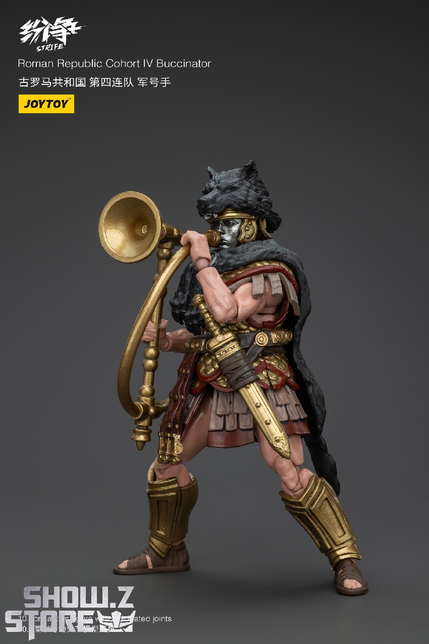 Buccinator holding shield and banner staff in combat pose Buccinator holding shield and banner staff in combat pose