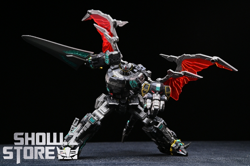 Robot with red angular wings in dynamic combat pose Robot with red angular wings in dynamic combat pose