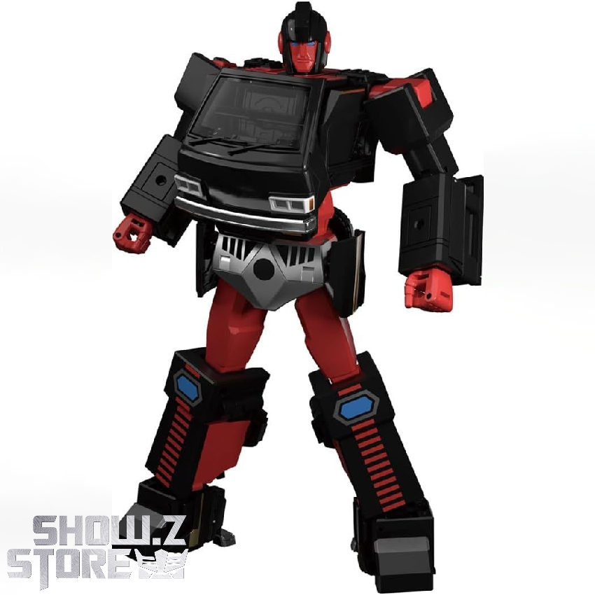 Black vehicle with red accents displaying transformation accessories below Black vehicle with red accents displaying transformation accessories below