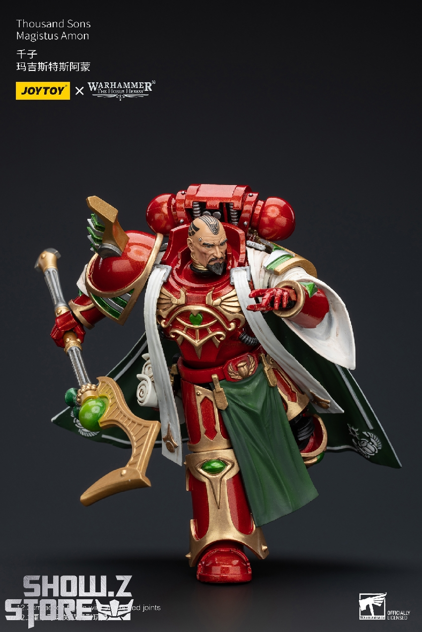 Thousand Sons warrior figure showing armored suit with cape ceremonial weapon Thousand Sons warrior figure showing armored suit with cape ceremonial weapon