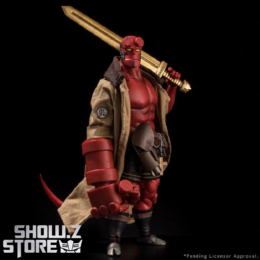 Red demonic character Hellboy in aggressive action pose display Red demonic character Hellboy in aggressive action pose display