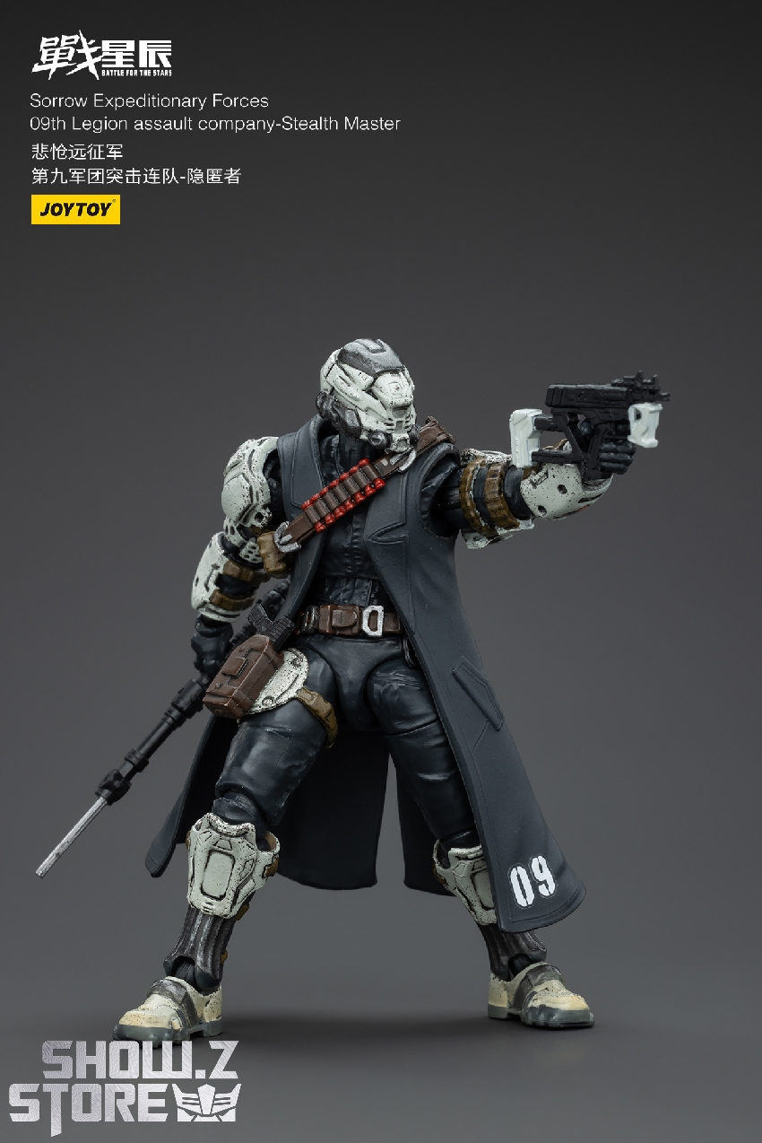 Detailed soldier action figure in white and black armor with tactical gear Detailed soldier action figure in white and black armor with tactical gear