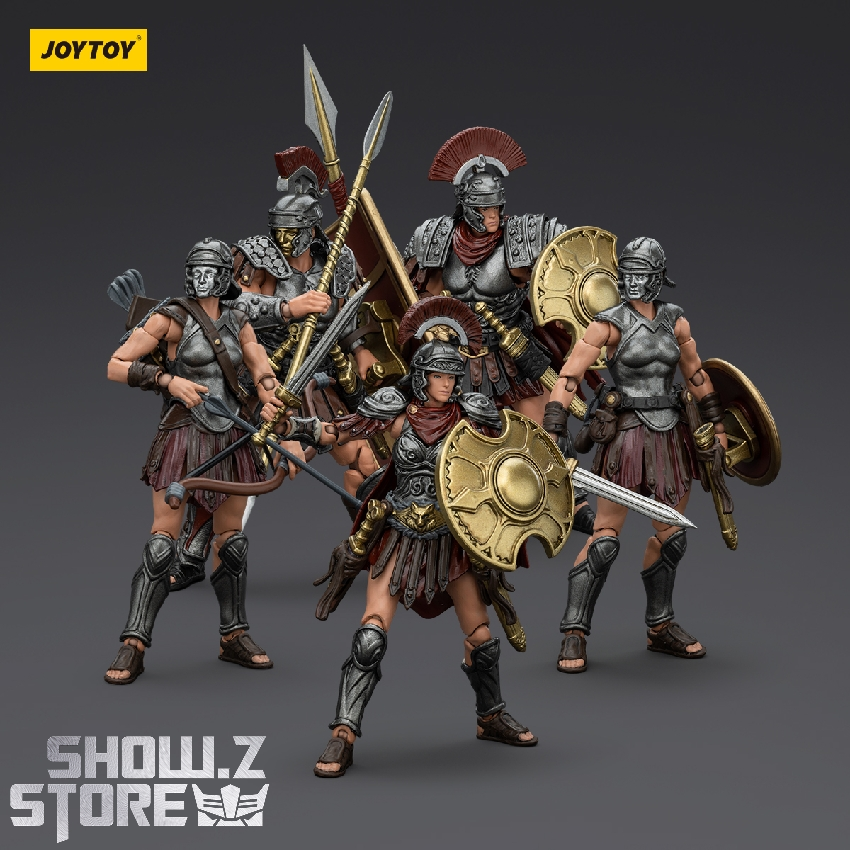 Multiple Roman soldiers grouped with weapons and shields display Multiple Roman soldiers grouped with weapons and shields display