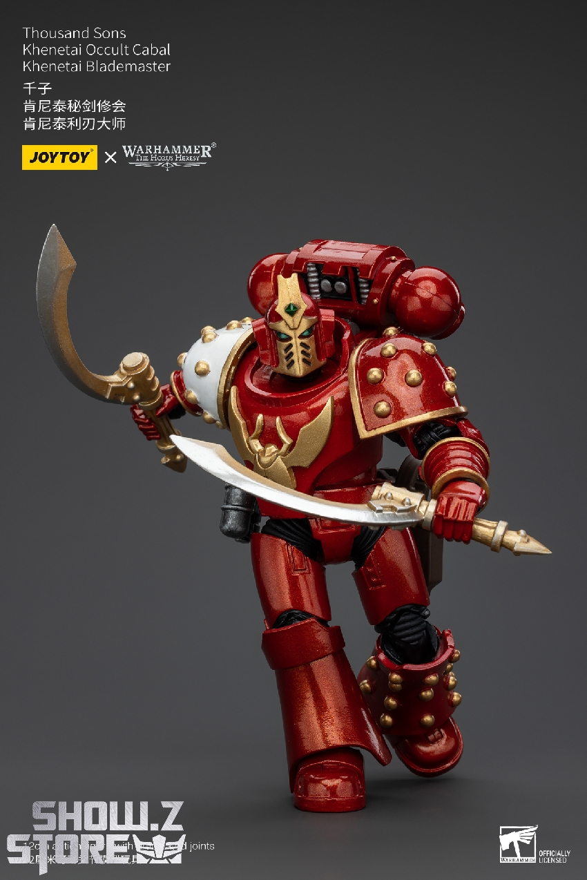 Warrior with curved weapons showcasing ornate armor and faction colors Warrior with curved weapons showcasing ornate armor and faction colors