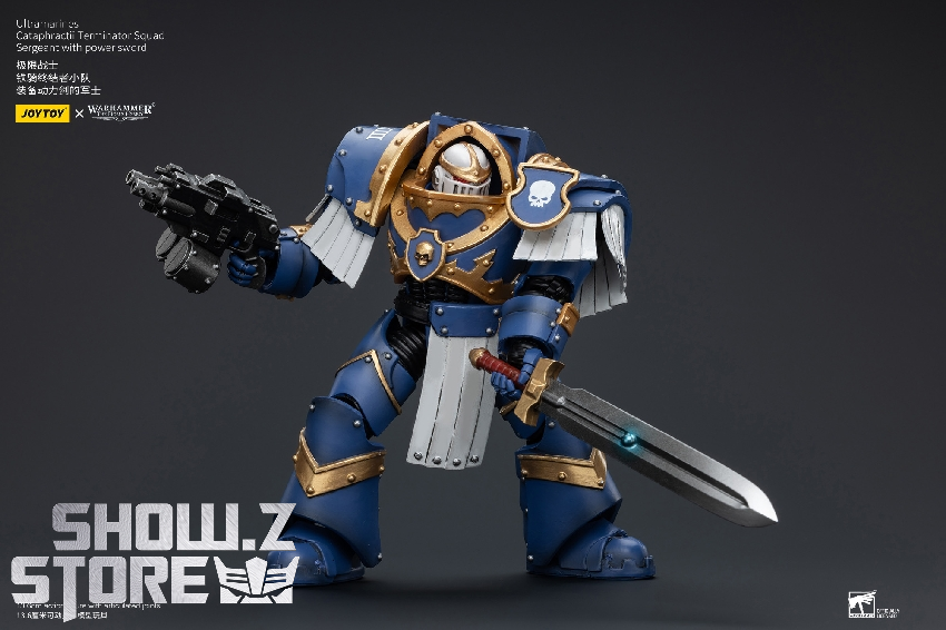 JoyToy 1/18 Warhammer Ultramarines Spacemarine blue armor gold trim standing JoyToy 1/18 Warhammer Ultramarines Spacemarine blue armor gold trim standing